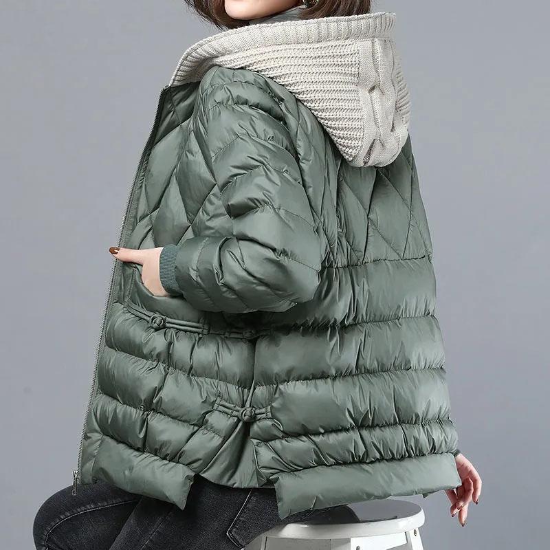Korean Hooded Angular Grid Parkas Outwear Female Fashion Cotton Padded Coat Winter Ladies Long Sleeves Down Cotton Overcoat