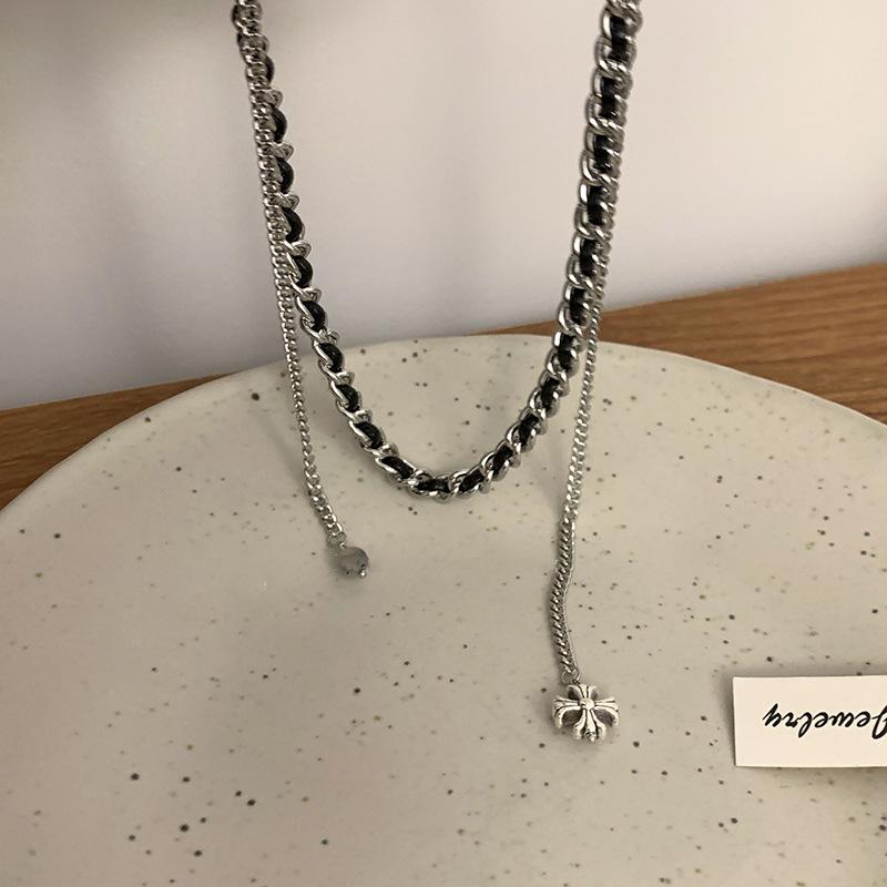 Korea personalized design cross leather winding necklace metal cold wind collarbone chain necklace