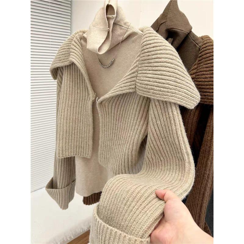 Elegant Knitted Cardigan Women Short Sweater Jacket Spring and Autumn Long Sleeve Casual Korean Fashion Lapel Coats Solid Simple Office Clothes