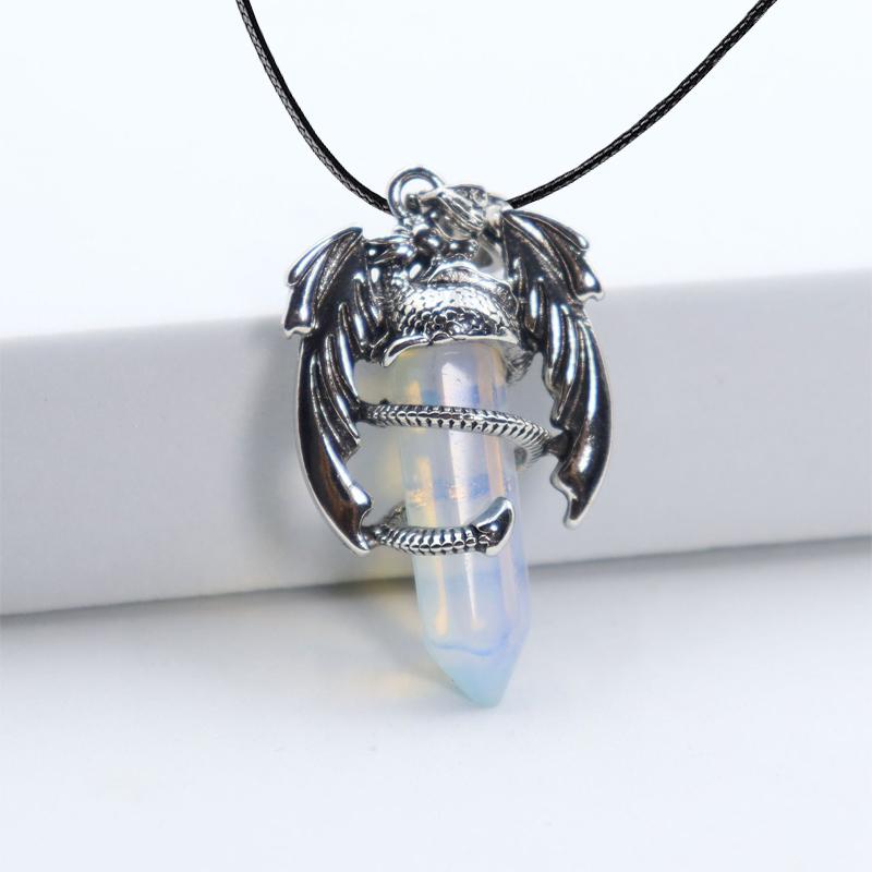 Animal Dragon Man Necklace Natural Gem Stone Healing Pink Quartz Hexagonal Crystal Pendant Vintage Jewelry for Women Gift