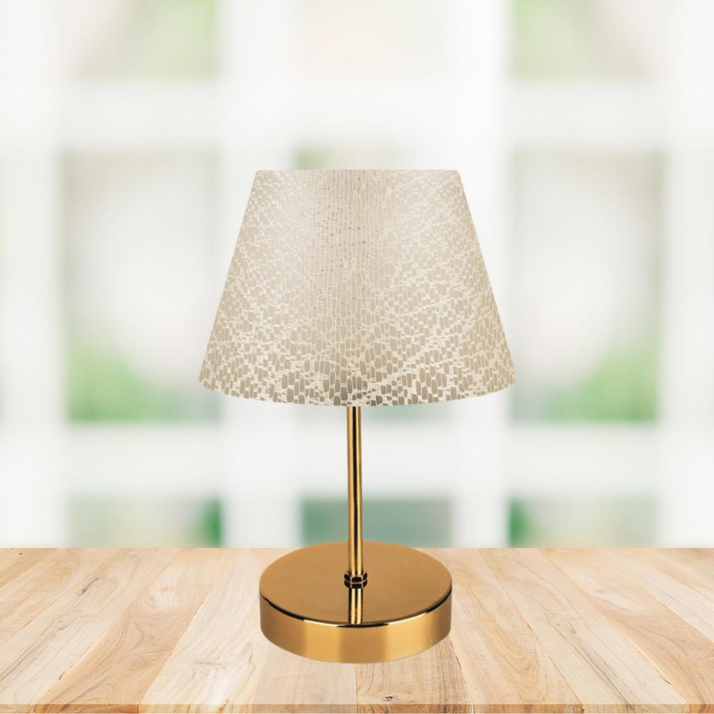 

Kuzey Gold Color Metal Leg Fabric Covered Beige Lace Head Lampshade