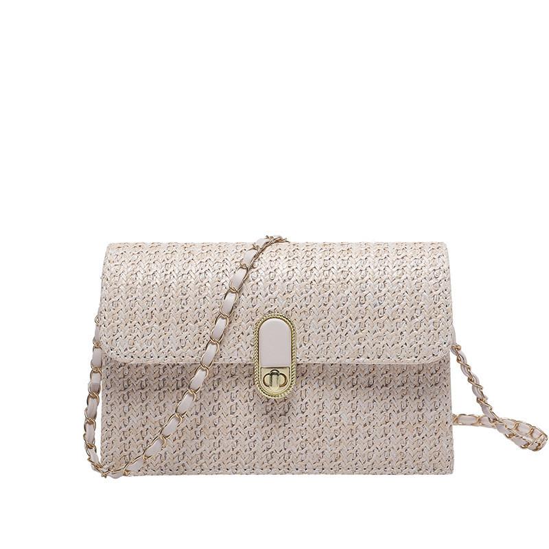 

Fashionable Straw Crossbody Bag Modern Color Block Style Versatile Medium Shoulder Bag For Everyday OffWhite