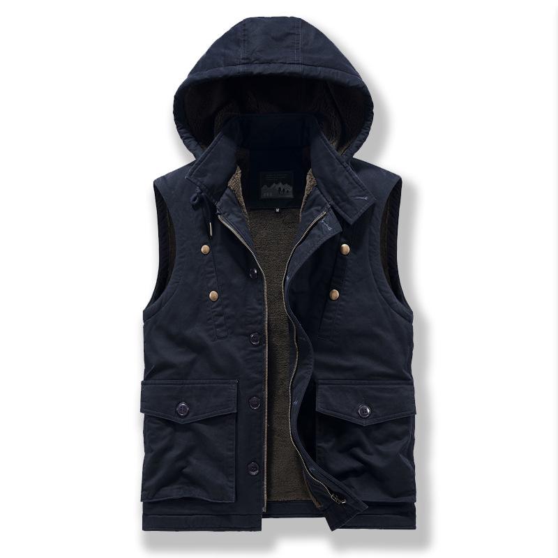 

Men s Winter Hooded Workwear Vest with Velvet Lining - Loose Fit Cotton Padded Jacket 4XL темно-синього кольору