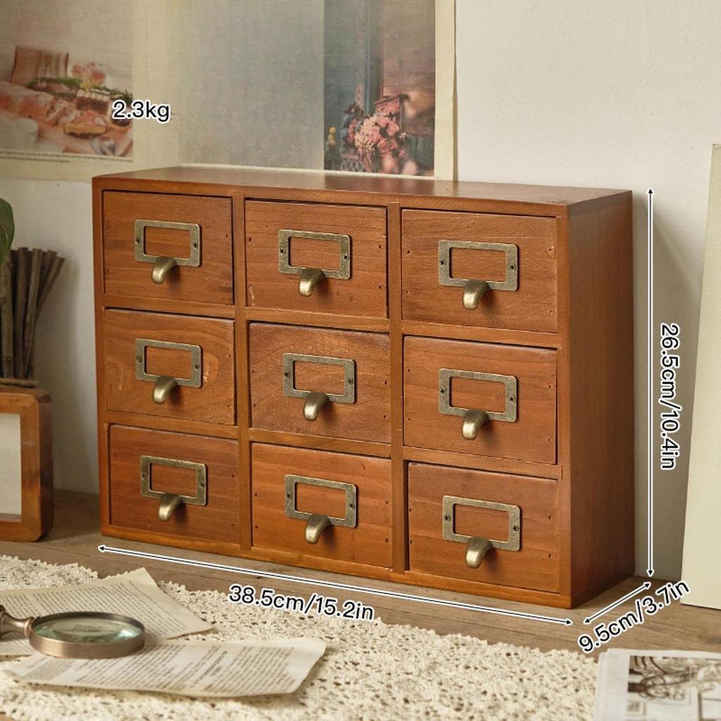 Drawer Organizer Rustic Dresser Wood Bin with 9 Drawers Wooden Storage Box for Daily Use Bathroom