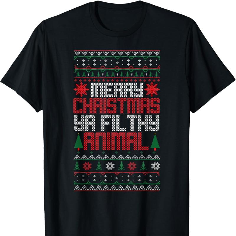 Christmas Merry Xmas Ya Filthy Animal Meme Lol Ugly Camiseta Negro  Crew Neck Short Sleeve Cotton Top All Seasons Casual Fashion