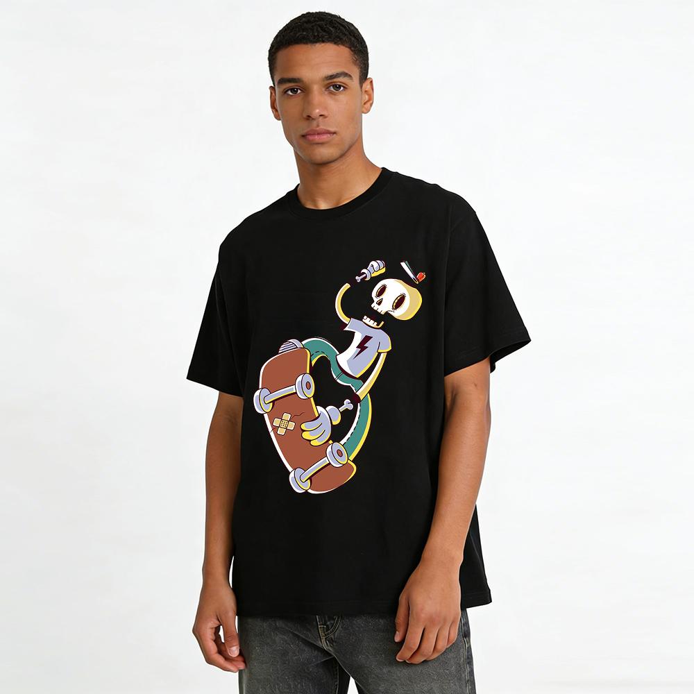 Skull Skateboard Print Tshirt Cool Street Style Casual Loose Tee Pure cotton T-shirt