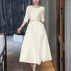 ZANZEA Damen Casual Rundhals Einfarbig 3/4-Ärmel Satin Kleid