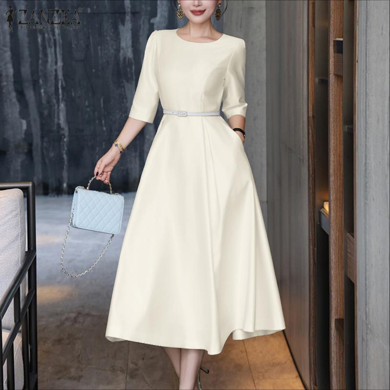 ZANZEA Damen Casual Rundhals Einfarbig 3/4-Ärmel Satin Kleid