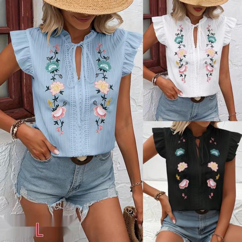 2025 Summer Embroidered Short-Sleeve Shirt for Women - European & American Style