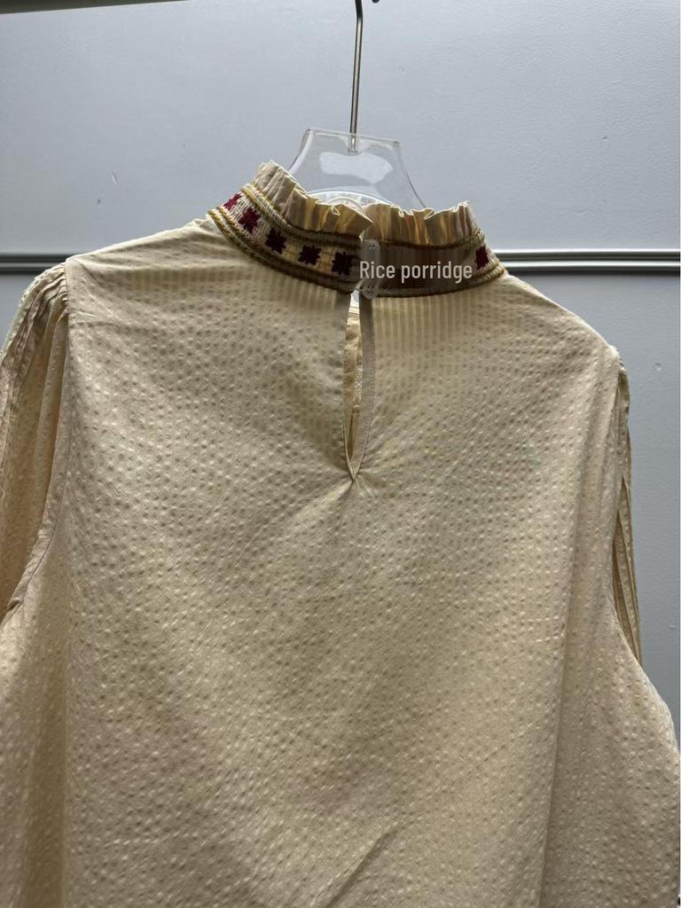 Women's Retro Ruffled Apricot Red Embroidered Long-Sleeve Shirt for Spring/Summer 2026