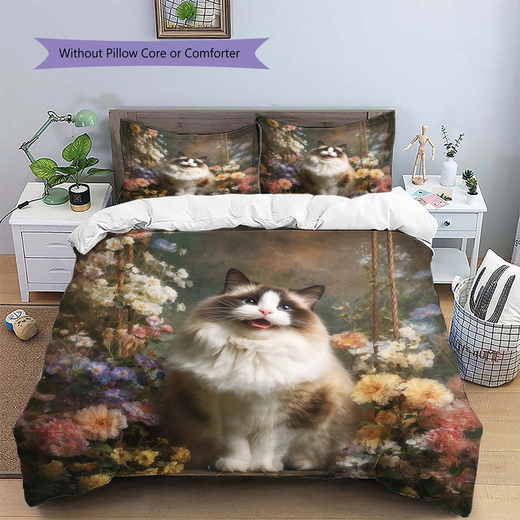 Ragdoll Cat and Fresh Flowers Pattern Bedding Home Decoration Birthday Gift (1 * Duvet Cover + 2 * Pillowcase, Without Core)