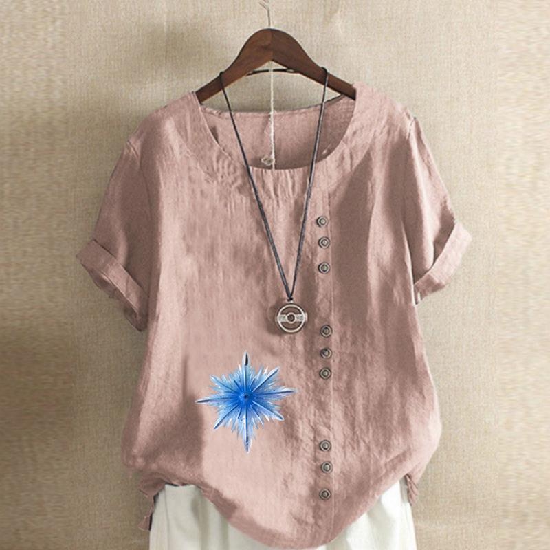 Women's Fashion snowflake Prined Round Neck Short Sleeve T-shirt Casual Cotton Linen Graphic Shirt Leisure Loose Summer Blouse Tops Plus Size