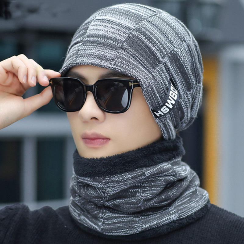 Herren Fleece Strickschal Mütze 2-teiliges Set trendige Damen warme Wollmütze Winter Student Radfahren Kälte