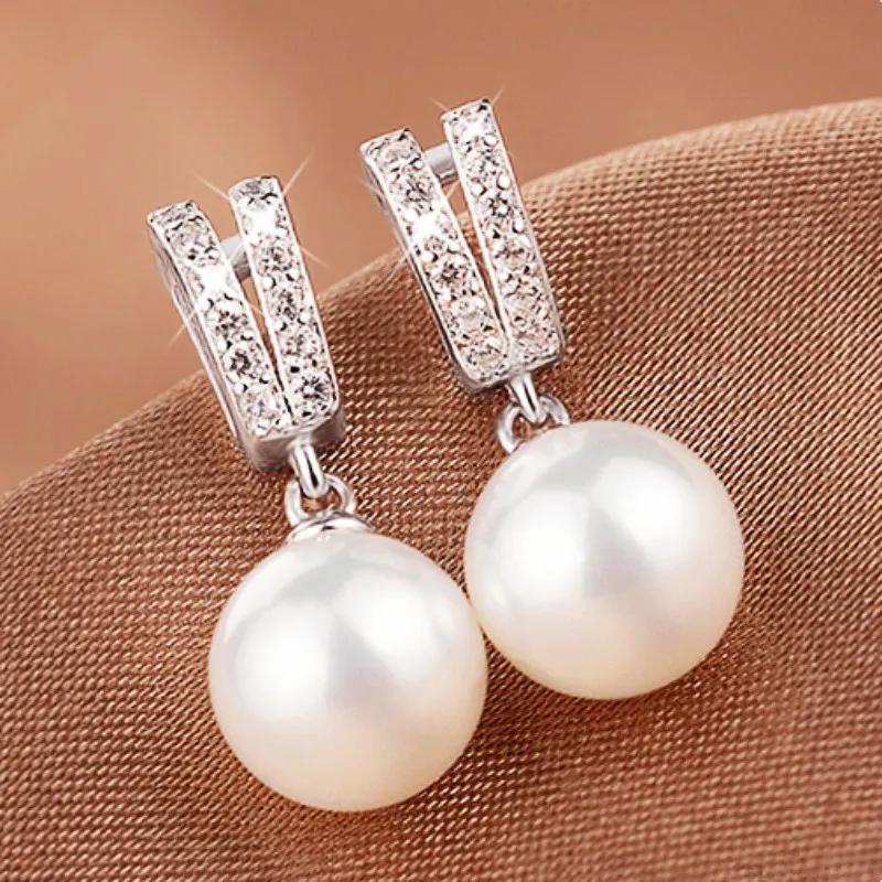 Huitan New Trend Imitation Pearl Dangle Earring for Women Luxury Silver Bling Cubic Zirconia Fashion Elegant Lady Jewelry