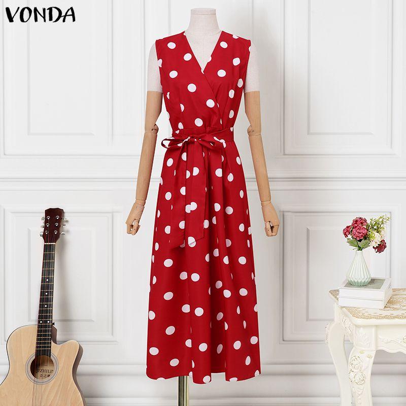 VONDA Rochie lungă de vară pentru femei, stil retro, fără mâneci, cu imprimeu buline, casual, rochie de soare
