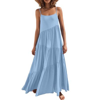 Sommer Locker Einfarbig Plissiert Unregelmäßiges Kleid Strand Träger Langrock