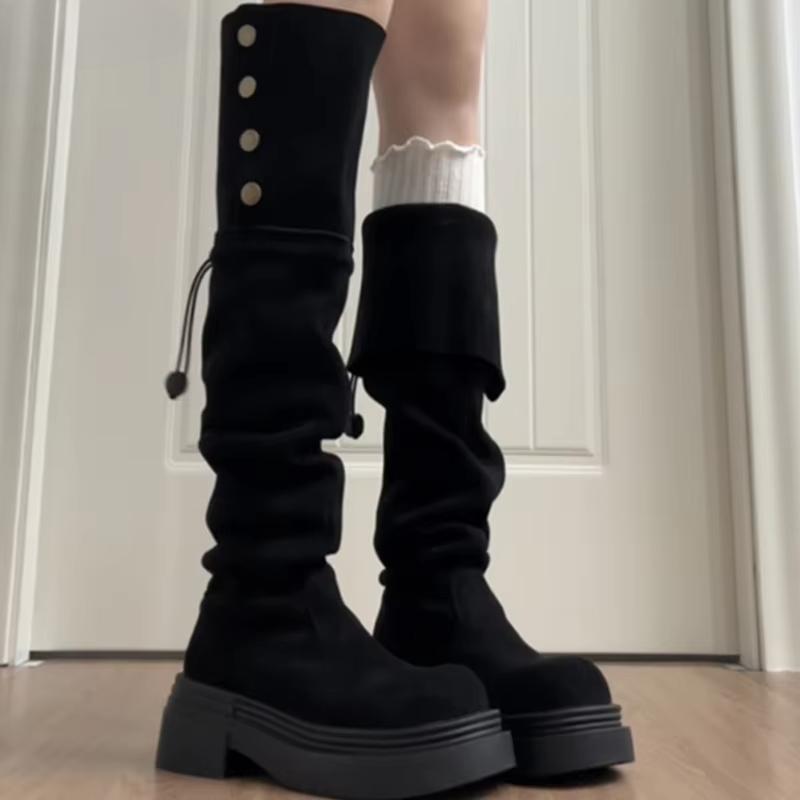 Winter Plateau Damen Oberschenkelhohe Stiefel Mode Slipper Lange Stiefeletten Vintage Prägnante Dicke Absatzschuhe