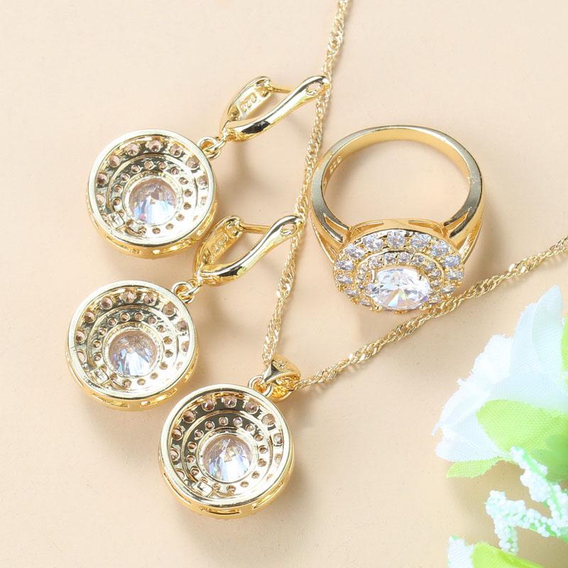 Simple Round Bridal Four-Piece Suit White Zircon Crystal Gold Color Women Jewelry Sets Dangle Earrings/Bracelet/Ring 6-Colors