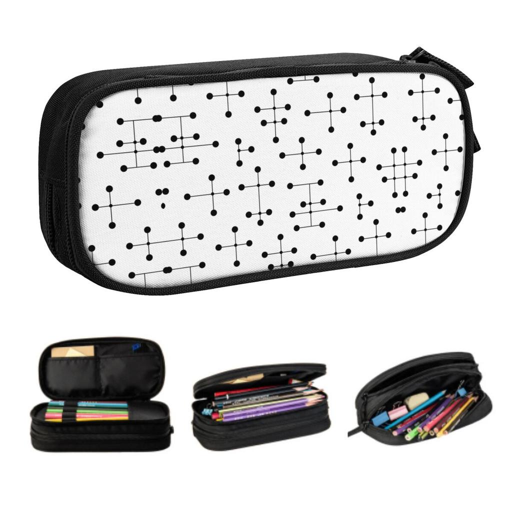 Custom Black White Geometric Midcentury Modern Pencil Cases Large Storage Eames Dot Pattern Abstract Pen Bag Box School Supplies