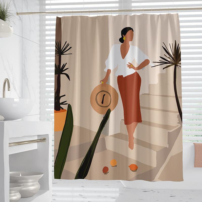 Morandi plants and flowers washable Dirt-Resistant Shower Curtain Shower Head waterproof Polyester Bath Curtain For Home Decor