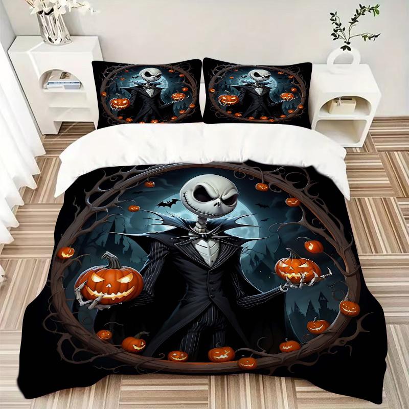 3pcs Happy Halloween Jack Quilt Cover Set (1 Quilt Cover + 2 Pillowcases Without Pillow Core), High-Definition Printing for Home and Dormitory.B0