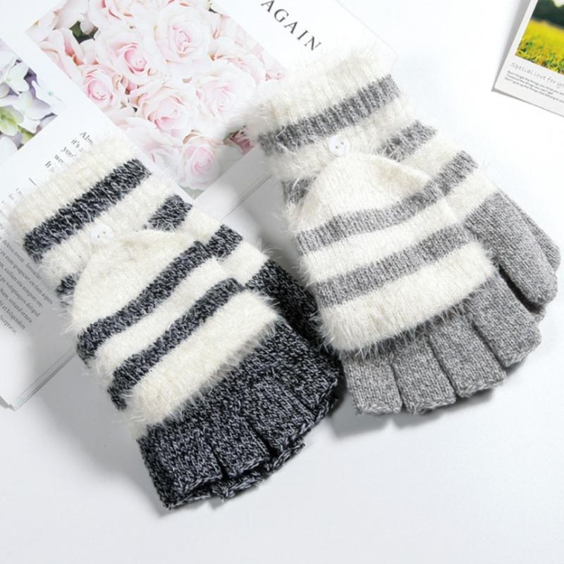 Soft Warm Gloves Winter Knitted Gloves Soft Cartoon Striped Fingerless Gloves with Flip Top Warm Glove Stretchy Mitten