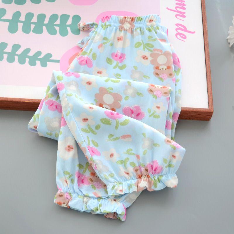 Sommer Mädchen Baumwolle und Seide Mückensichere Hose Dünn und Vielseitig Kinder Blumen Laternenhose Kunstbaumwolle Freizeithose