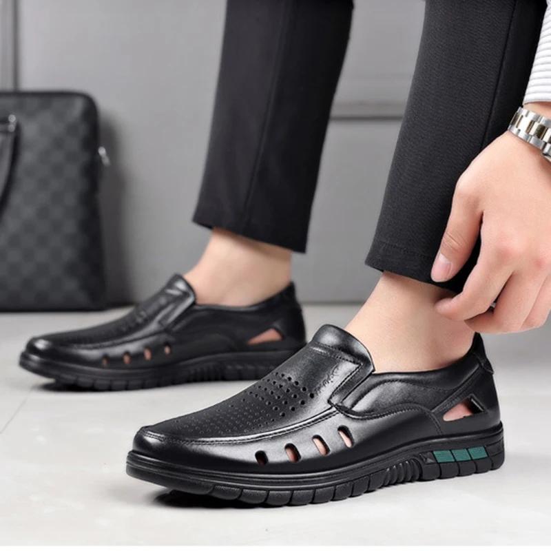 Męskie sandały z prawdziwej skóry Perforowane buty Codzienne Oddychające Odporne na zużycie Antypoślizgowe Cool Trend Męskie buty sportowe Biznesowe