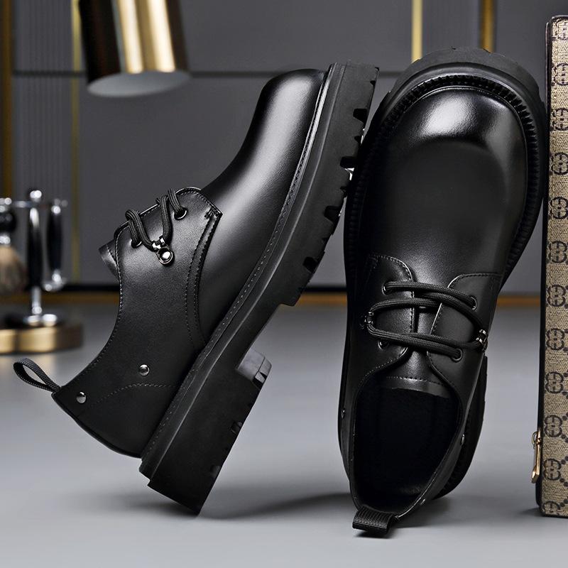 Black Increase British Style Big Head Derby Shoes Men Spring 2026 Business Formal Wedding Groom's Casual Cow Leather Shoes Man