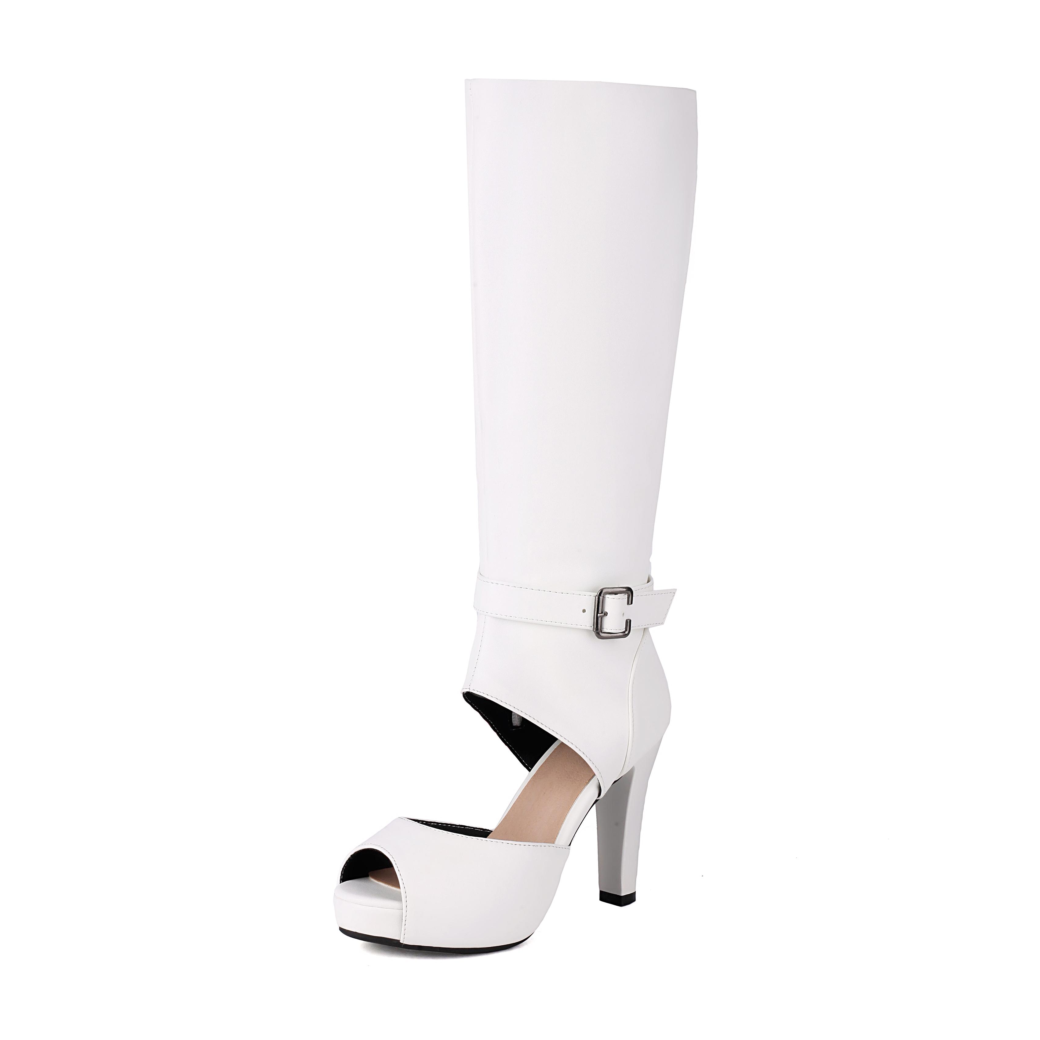 

Модная летняя женская обувь на платформе, высокие каблуки, ботфорты до колена, сексуальные туфли с открытым носком и вырезами по бокам, туфли на высоком каблуке, сандалии с пряжкой, лодочки, женские, черные 34 белый