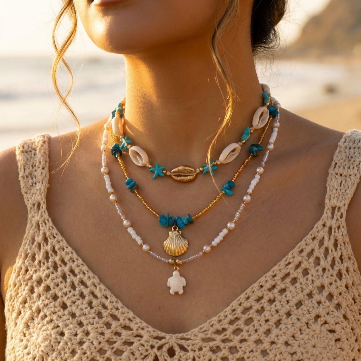 

Blue Crushed Stone Beads Starfish Round Coins Baroque Imitation Pearl Necklace For Women Men Summer Turtle Choker Beach Jewelry