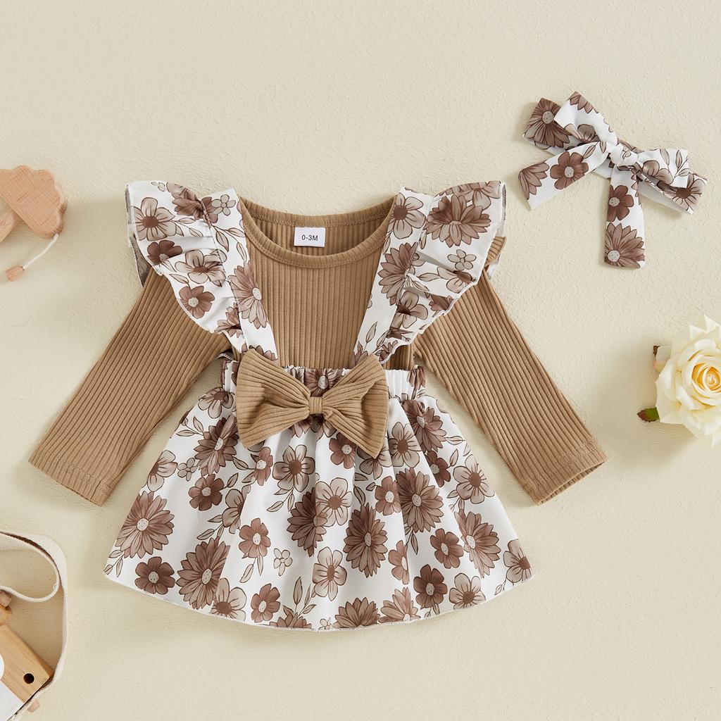 Baby Girls Spring Outfits Short Sleeve Ribbed Romper + Suspender Skirt + Headband Set Newborn 3 Piece Clothes
