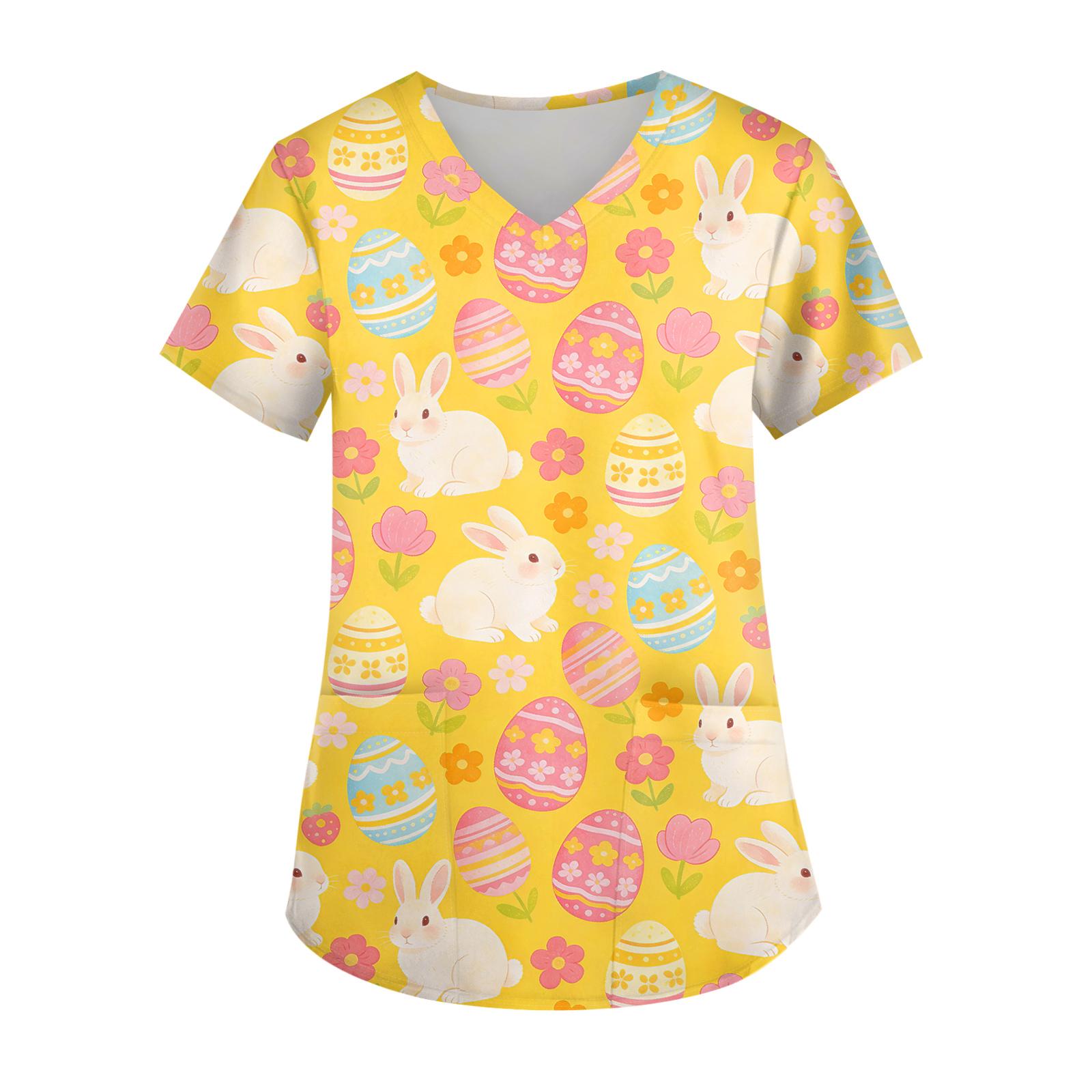 

Ladies Easter printed fashionable V-neck pocket short sleeved uniform and caregiver top XXL жовтий