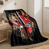 Fiery red demon masks split by swords, surrounded by ornate golden designs. for all seasons blanket lunch break throw gift