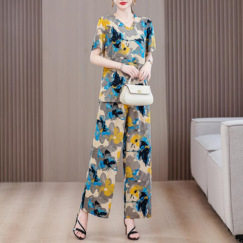 Eleganta 2-delade Set för Kvinnor Plus Size Löst Vintage Tryck Hög Midja Byxset Sommar Casual Kläder för Medelålders Kvinnor