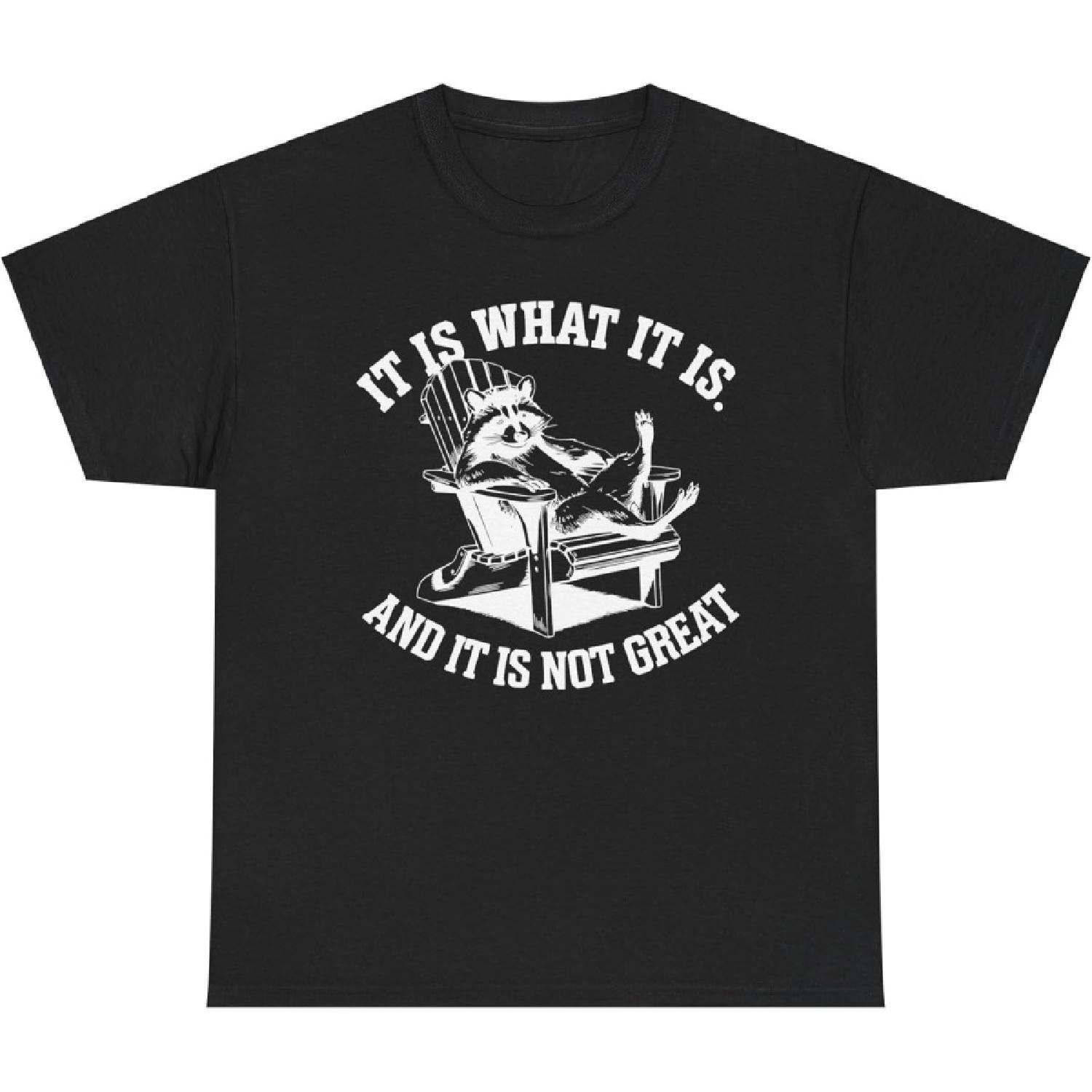 It is What It is Funny Raccoon Meme T-Shirt - Sarcastic Graphic Tee, Quirky Unisex Humor Top, Retro Animal Lover Gift S