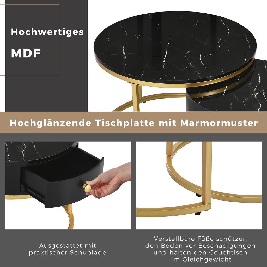 Couchtisch Rund, Satztisch 2er Set, Moderne Nesting Kaffeetisch Schublade, Gold Marmormuster, Sofatische Schlafzimmer Balkon Büro, Schwarz