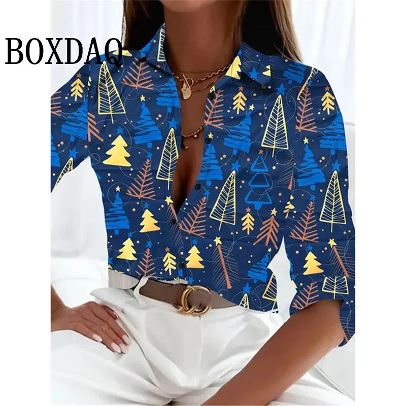 Women's New 3D Christmas Print Long Sleeve Blouses Elegant Lapel Long Sleeve Tops Winter Spring Single-Breasted Basic Shirt
