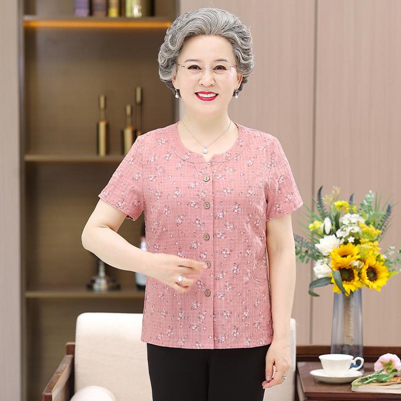 Elderly Women s Pure Cotton Summer Short Sleeve Top 4XL (up to 150 lbs recommended)