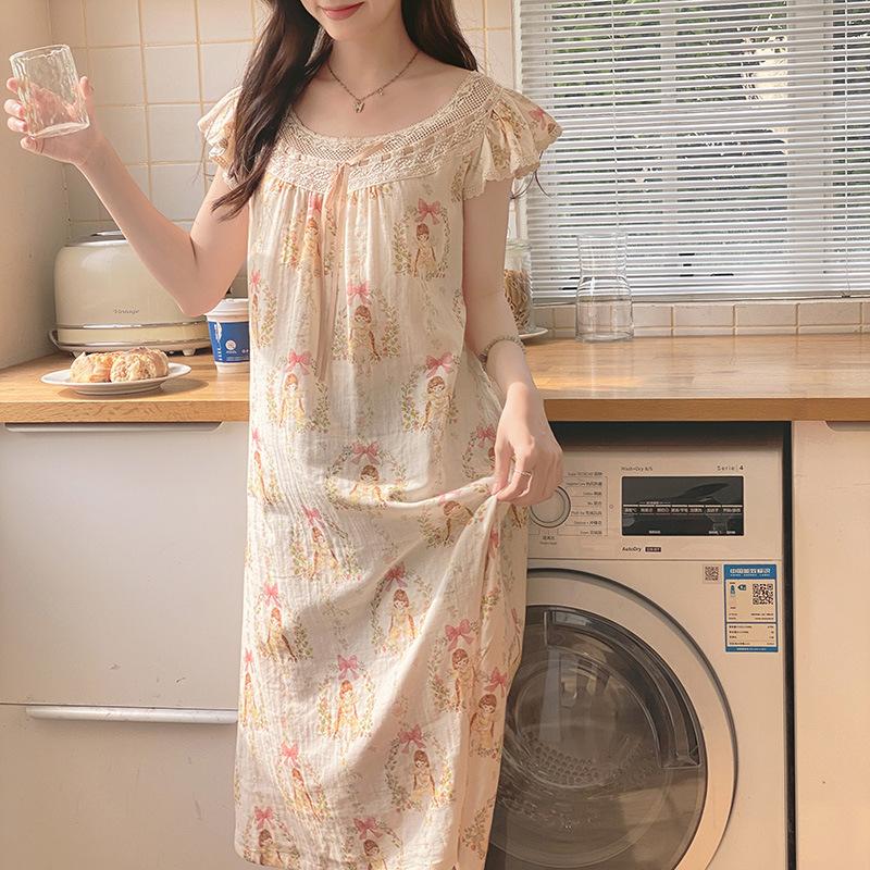 Vernis summer new cotton breathable nightdress sweet print pattern loungewear pajamas women can wear outside