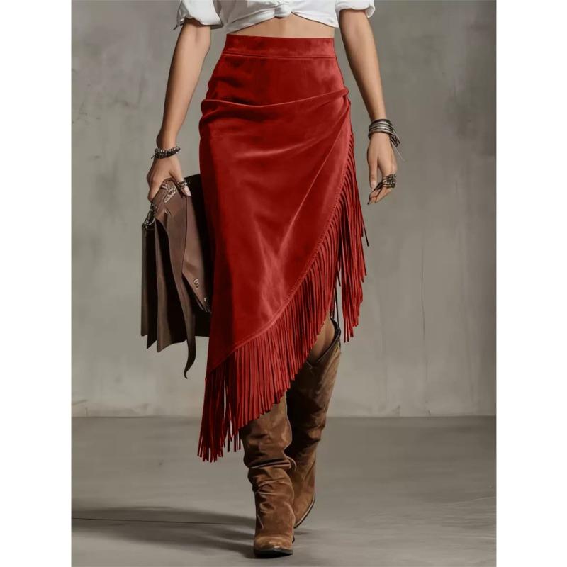 Vintage Western Style Irregular Design Solid Color Midi Skirt