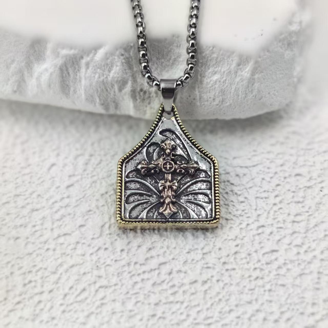European and American retro geometric carved denim cross female western fashion necklace pendant 60CM(Necklace Long)