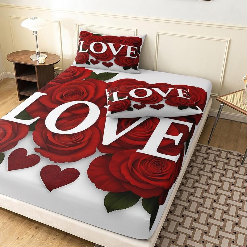 3pcs Valentine's Love Rose Day Applicable Love Letter Pattern Fitted Sheet Set, Bedding Set, Soft and Comfortable Fitted Sheet