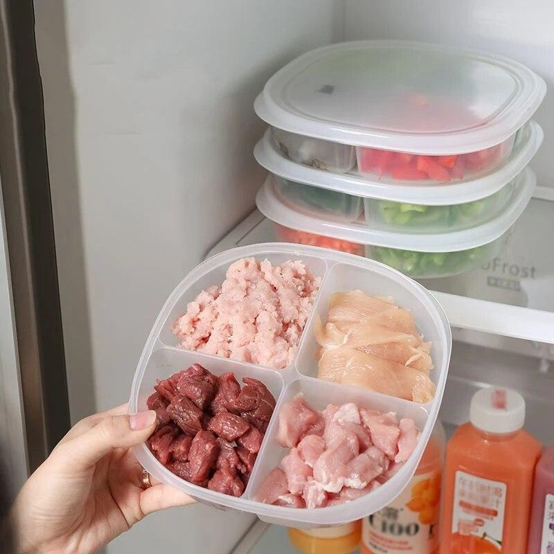 Recipiente de Armazenamento de Alimentos para Geladeira com 4 Compartimentos e Tampa Selada Crisper para Conservação de Alimentos Frescos Caixa de Armazenamento de Carne Organizador Espaçador de Frescor