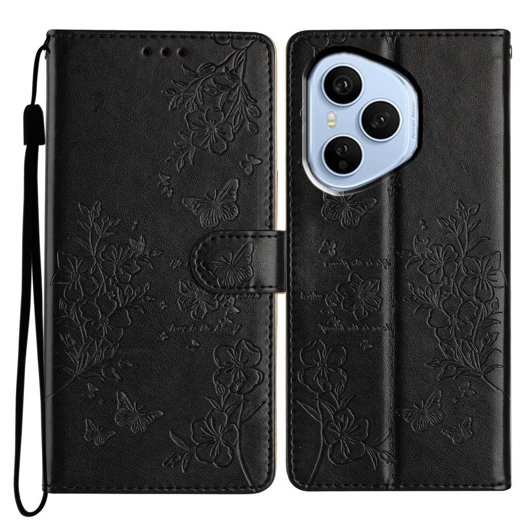 Für Honor 400 Pro 5G (Global) Brieftasche Handyhülle Schmetterling Floral Prägung Leder Klapphülle mit Riemen