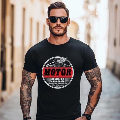 2024 Summer New American Retro Short Sleeve O-neck Motorcyce Printed T-shirt Men's Simple  Washed Casual Youth Tees
