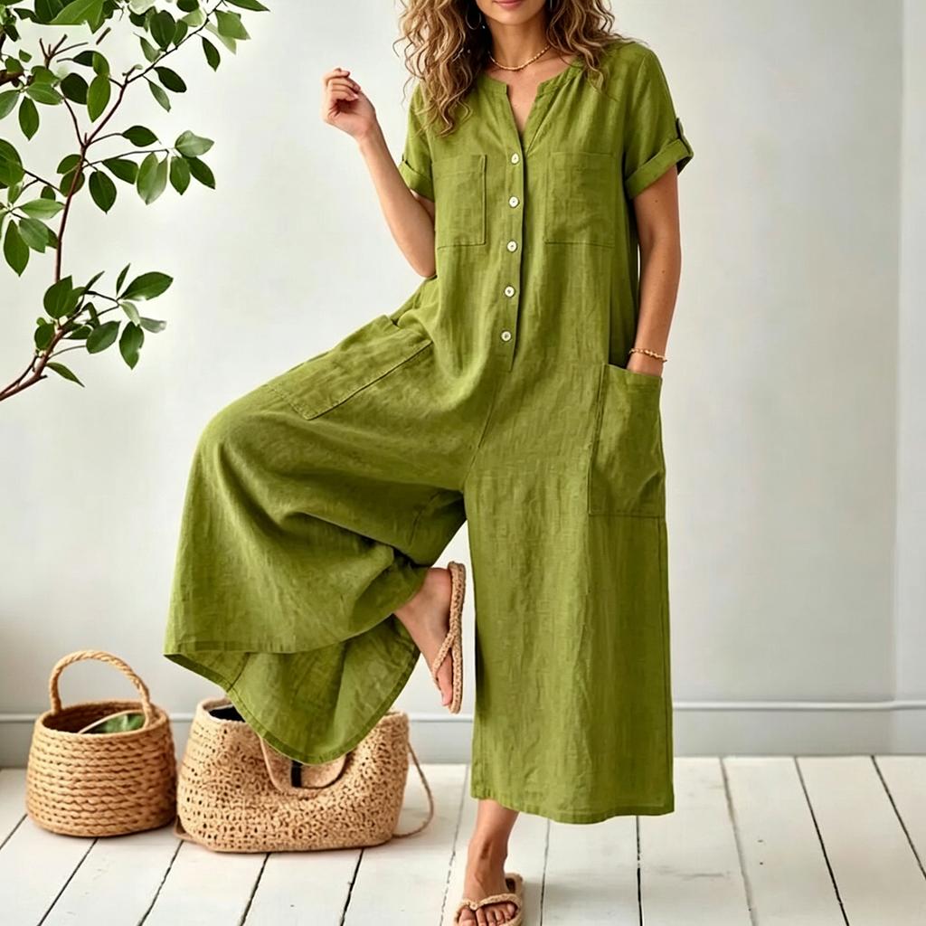 Tuta corta alla moda e casual da donna con bottoni, maniche corte e tasche