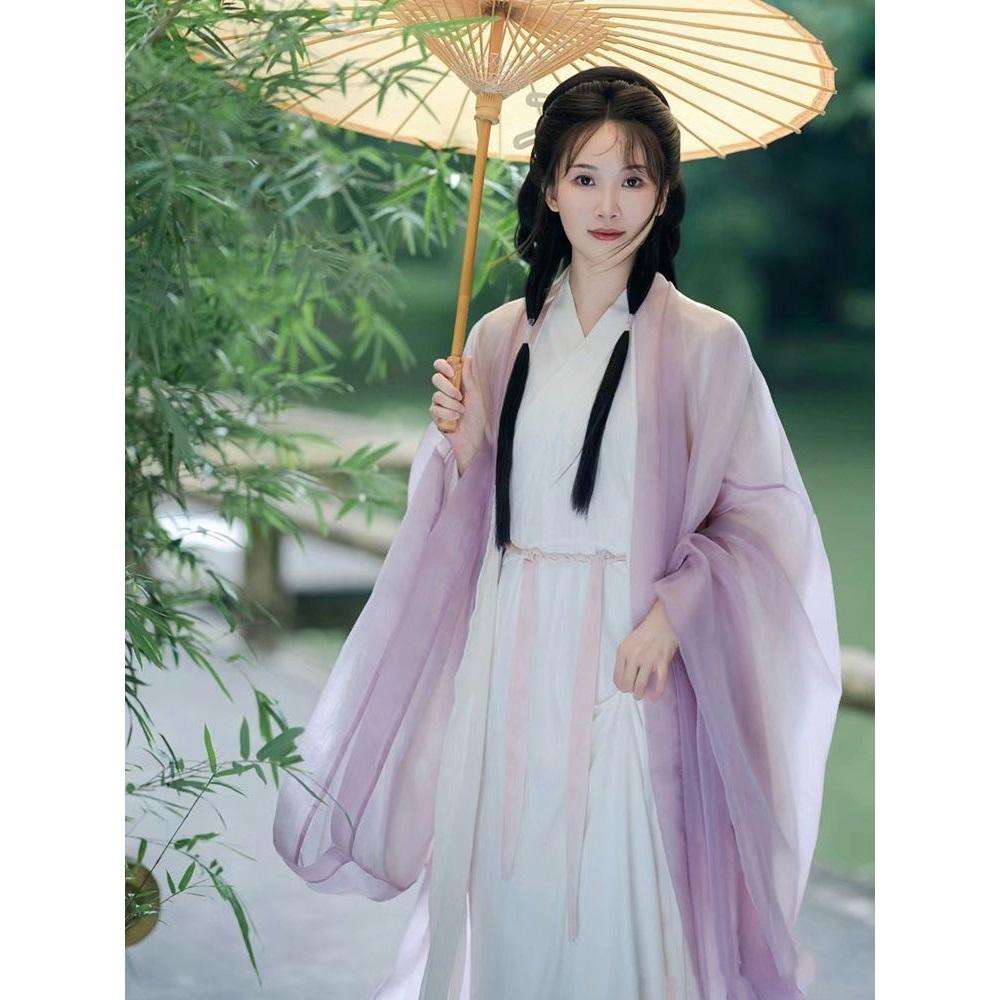 Lila Hanfu für Damen, Chinesischer Wei Jin Dynastie Stil Großärmeliges Hemd Kreuzkragen Set für Damen