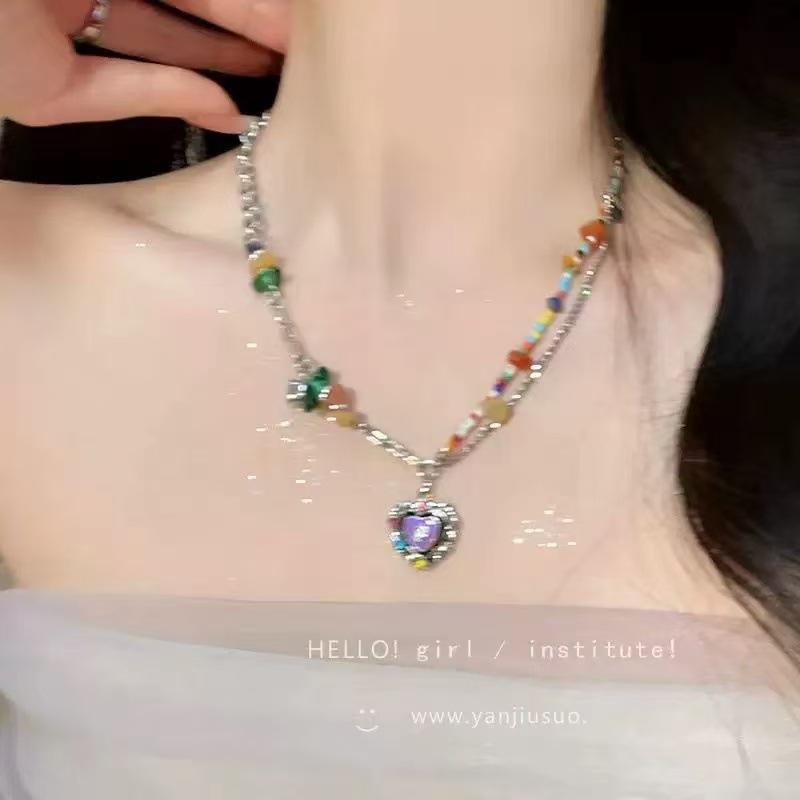 Alloy necklace, new summer five-piece colored beaded love candy necklace dopamine jewelry women