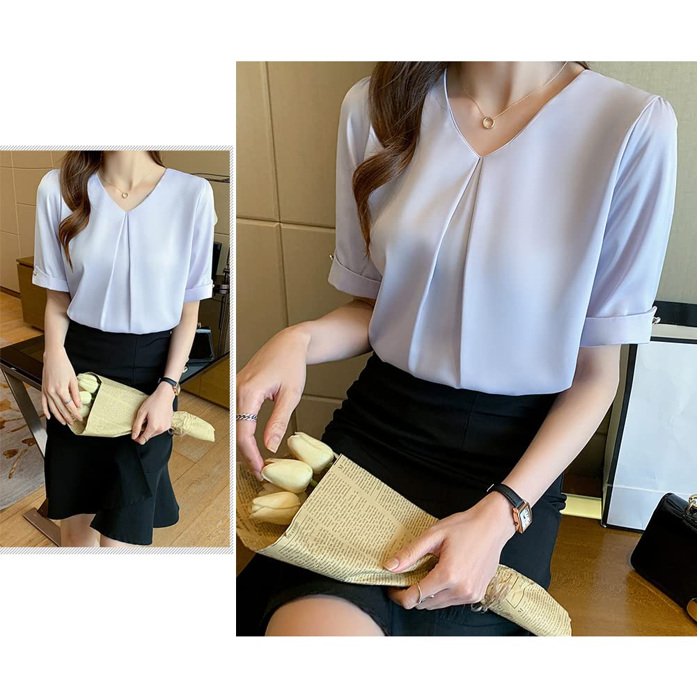 Fashion Blouse Office White Short Sleeve Shirt White Blouse Loose Fit Neat Plain Casual Office Wear Summer OL Commuting Blue L [Bolan Verl] Women's